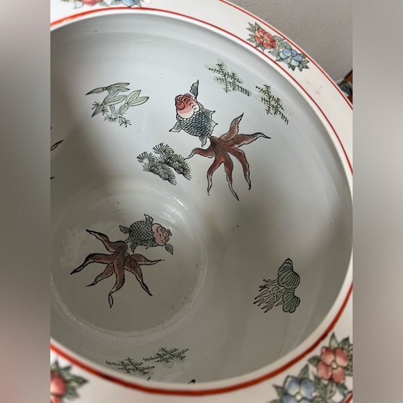 Vintage Asian Koi Fish and Bird with floral Design Planter Cache pot - Picture 5 of 9